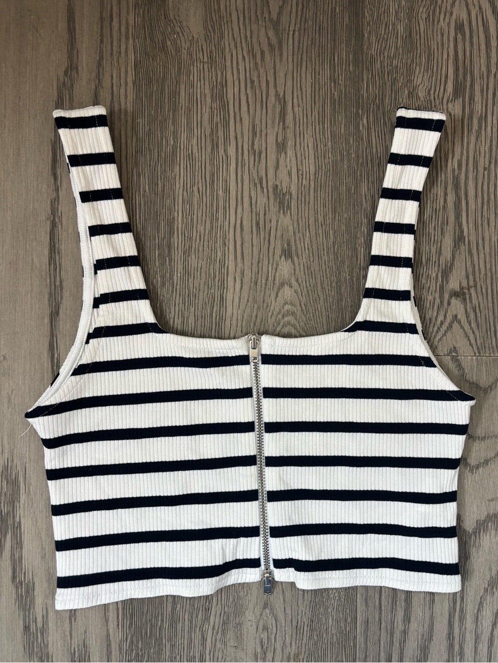ZARA Striped Ribbed Zip Front Crop Tank Top Black White M